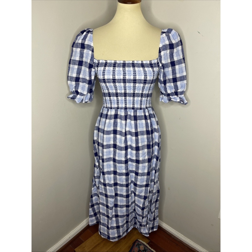 Reformation Marabella Linen Midi Dress Puff Sleeve Gingham Checkered Blue Size M